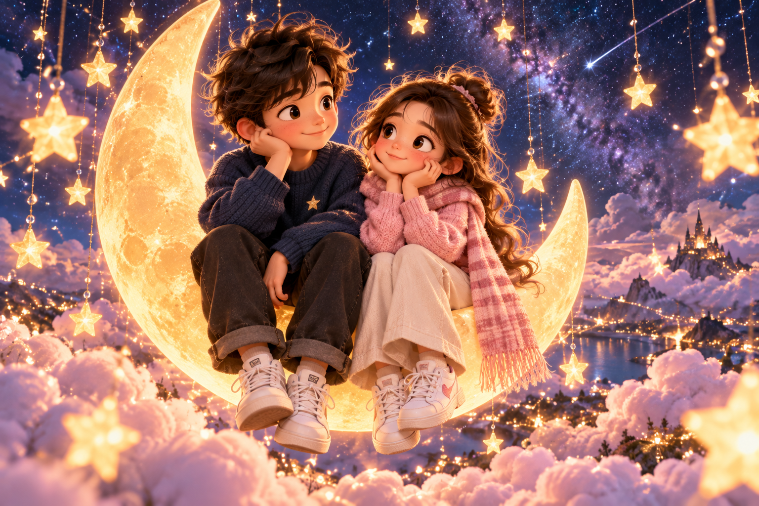 Prompt 3: 3D Cute Chibi Couple Sitting on a Floating Crescent Moon - AI Generated Photo Output