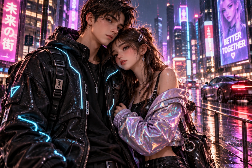 Prompt 2: Cyberpunk Couple in Rainy Neon Alleyway (Matching DP) - AI Generated Photo Output