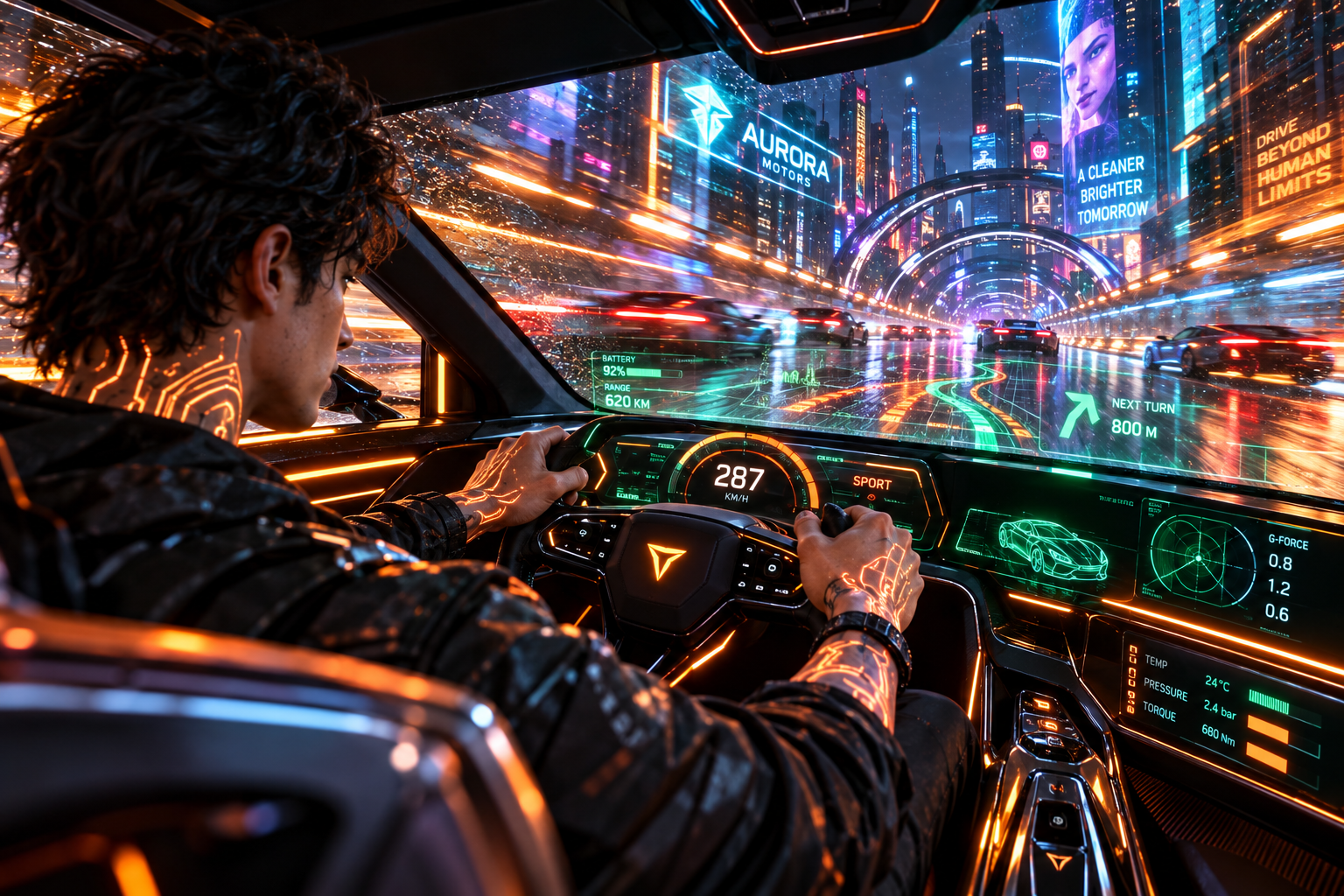 Prompt 4: Futuristic High-Speed Cyber Car Interior with Neon Dashboard - AI Generated Photo Output