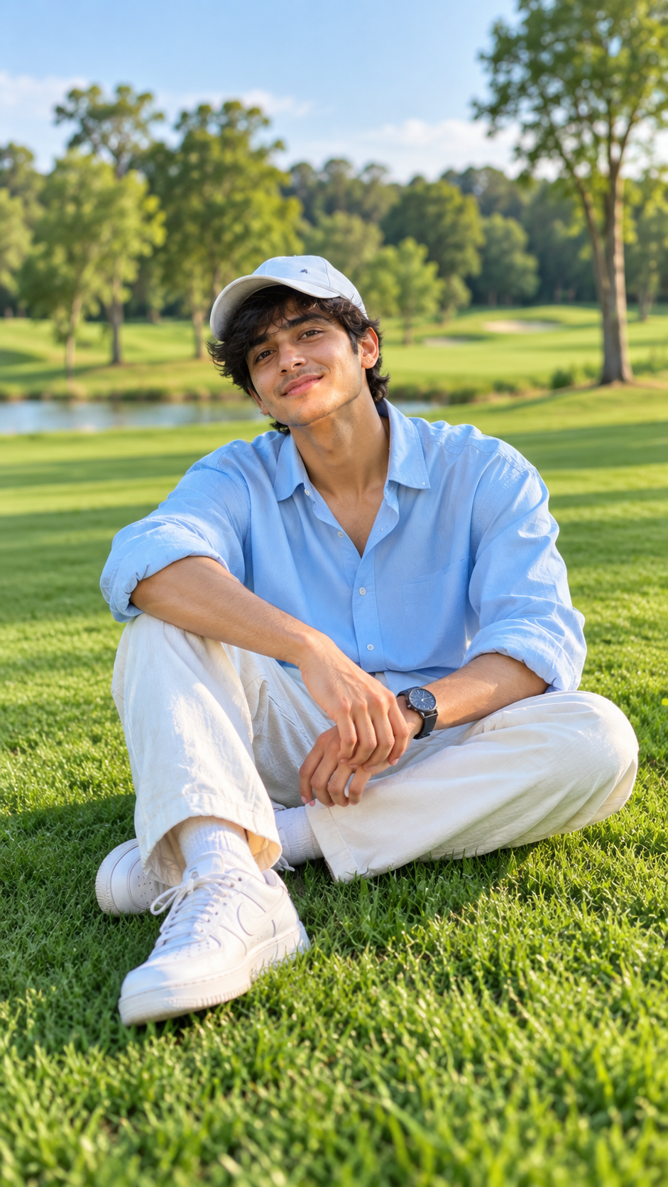 Prompt 4: Aesthetic Casual Grass Lawn Portrait with Cap & Sneakers - AI Generated Photo Output