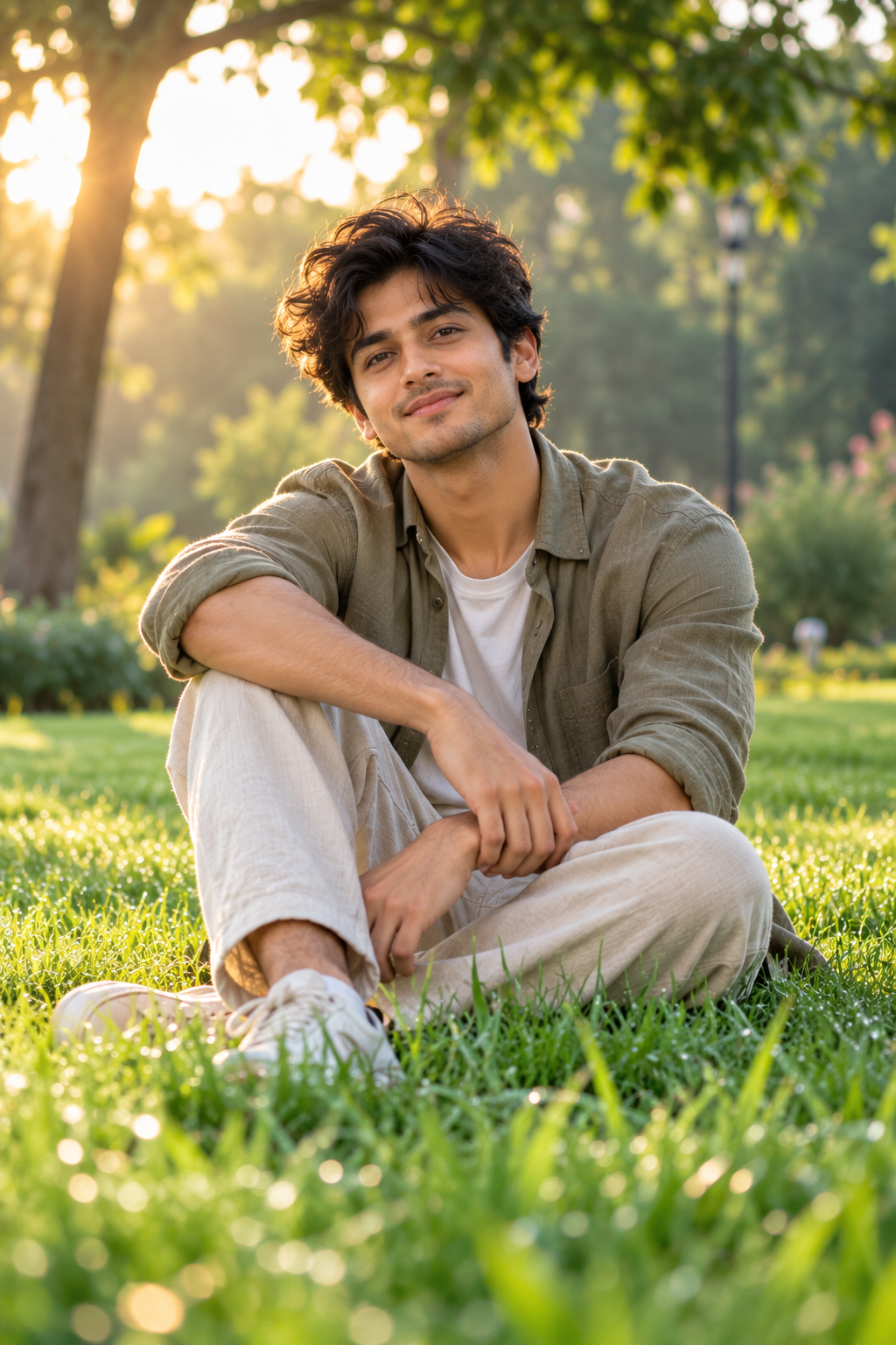 Prompt 1: Fresh Green Grass Meadow Sitting Pose with Soft Sunlight - AI Generated Photo Output