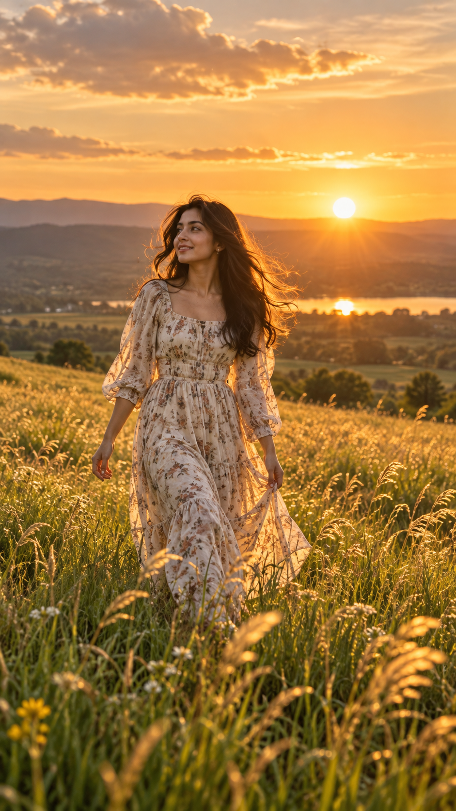 Prompt 3: Sunset Golden Hour Walking in Wheat and Tall Meadow Grass - AI Generated Photo Output