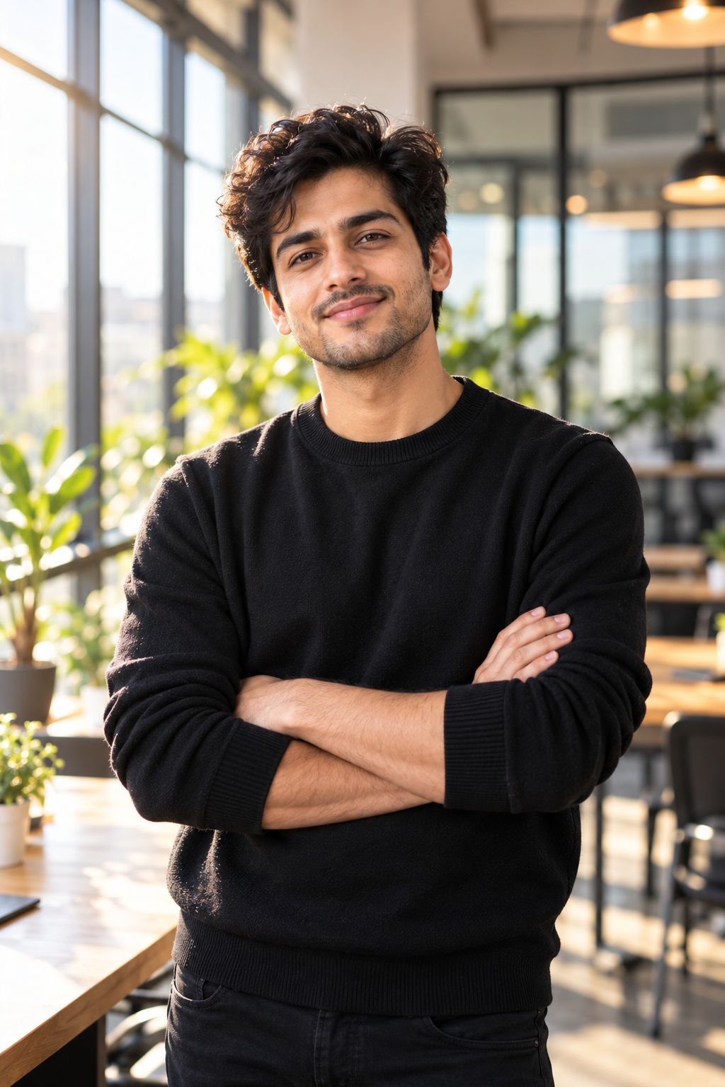 Prompt 2: Modern Tech Founder in Minimalist Office Setting (Warm Bokeh) - AI Generated Photo Output