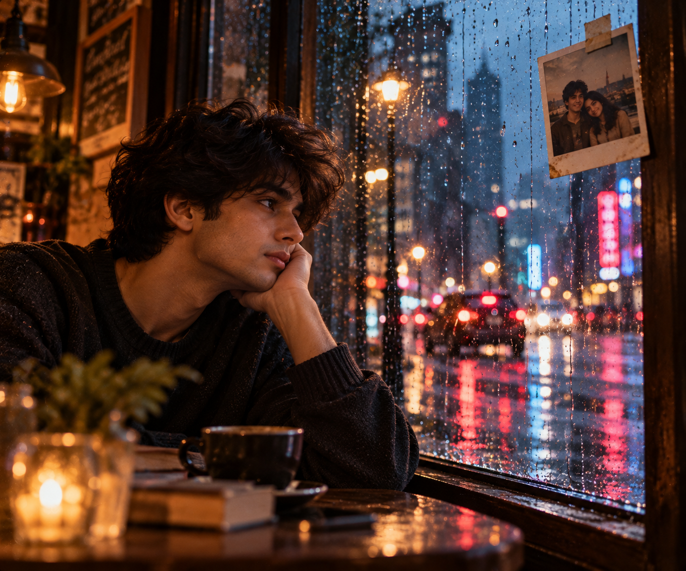 Prompt 3: Rainy Window Reflections & Old Polaroid Memories - AI Generated Photo Output