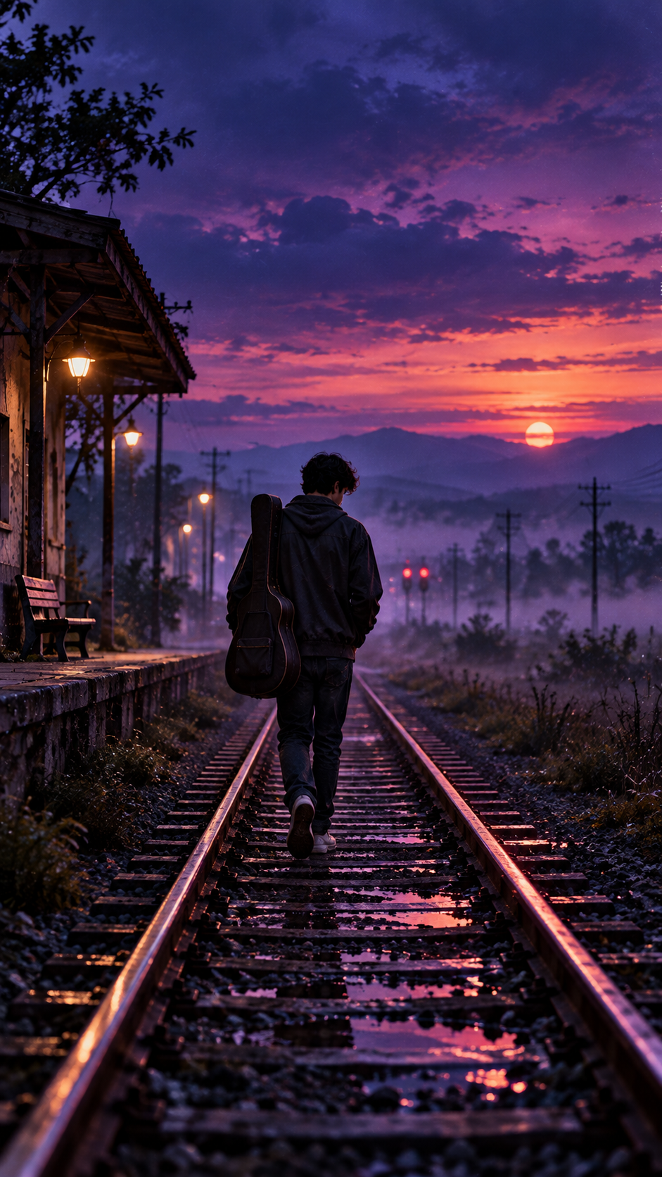 Prompt 4: Solitary Silhouette on Empty Railway Track at Twilight - AI Generated Photo Output