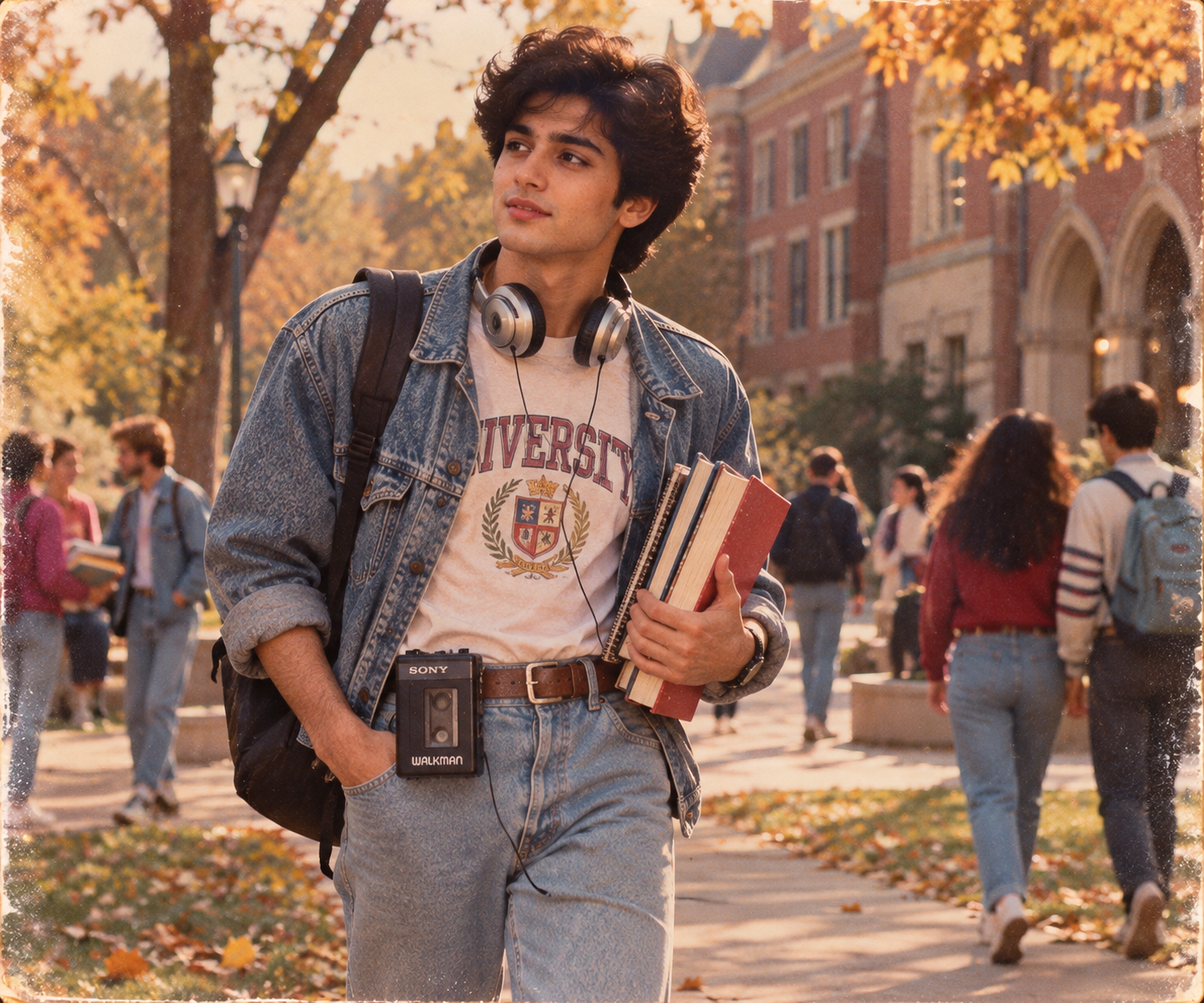 Prompt 4: 80s College Campus Walk with Walkman & Headphones - AI Generated Photo Output