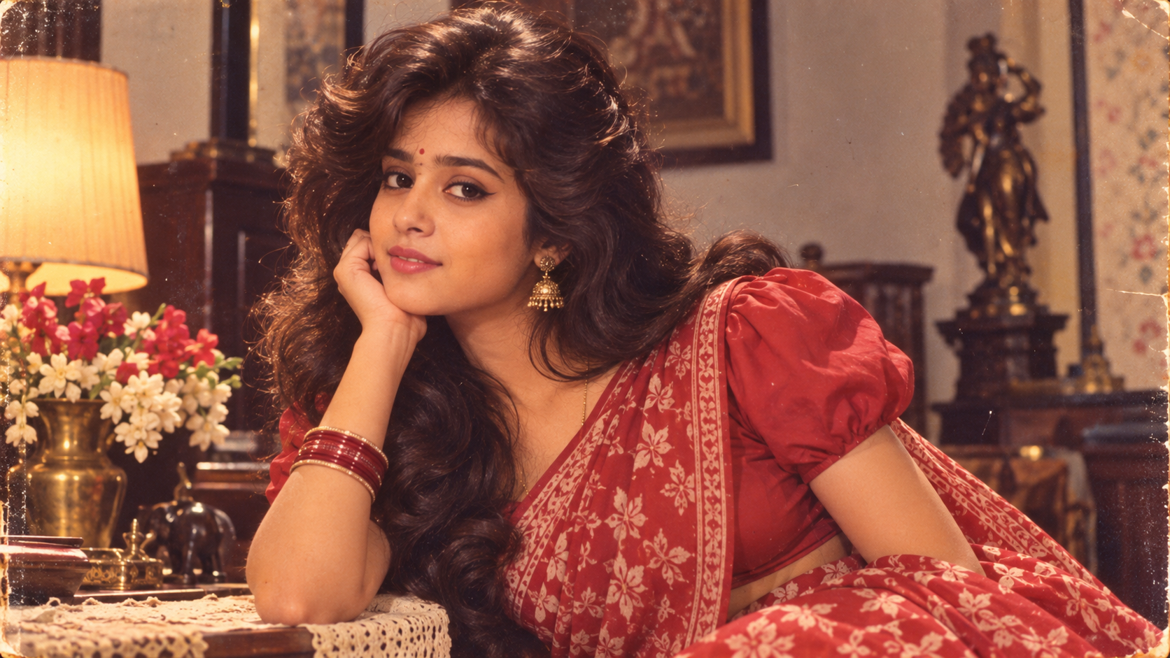 Prompt 2: 1980s Saree Bollywood Vintage Film Portrait - AI Generated Photo Output