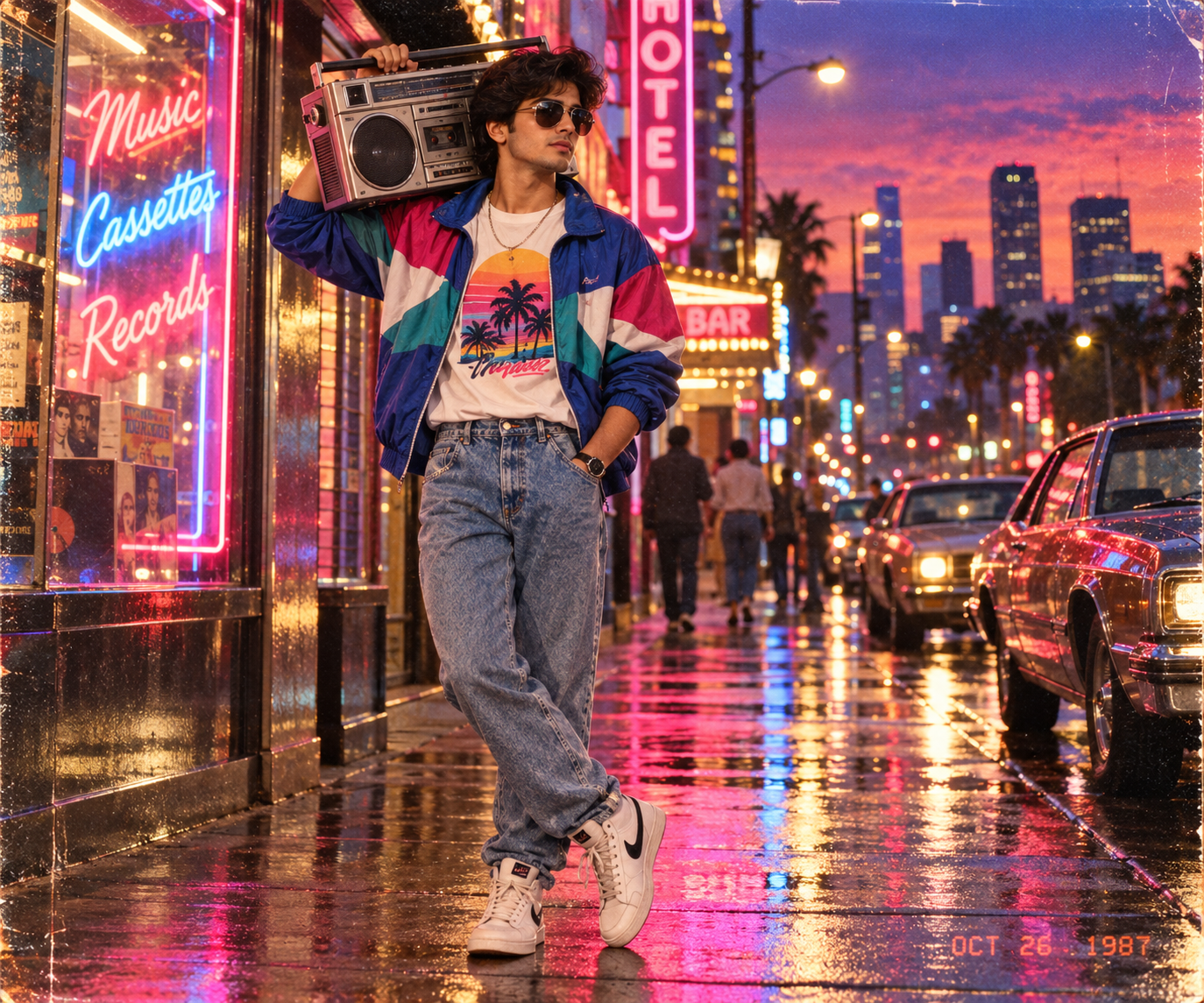 Prompt 3: 80s Street Style with Boombox & Neon City Lights - AI Generated Photo Output
