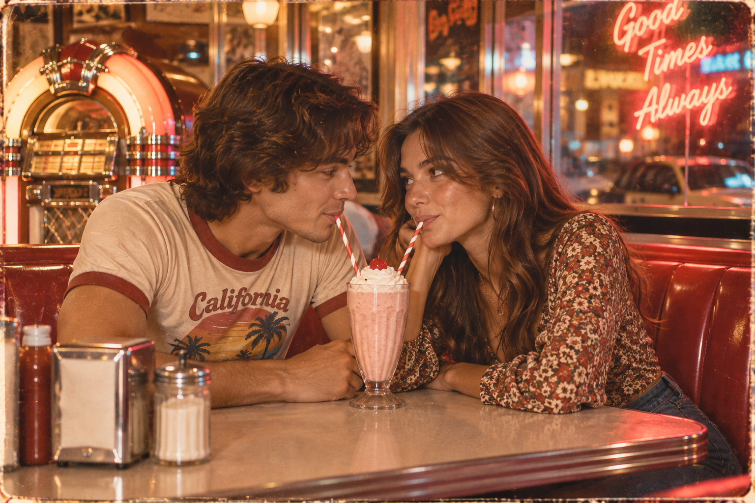 Prompt 4: Cozy 1970s Diner Booth Conversation over Milkshakes - AI Generated Photo Output