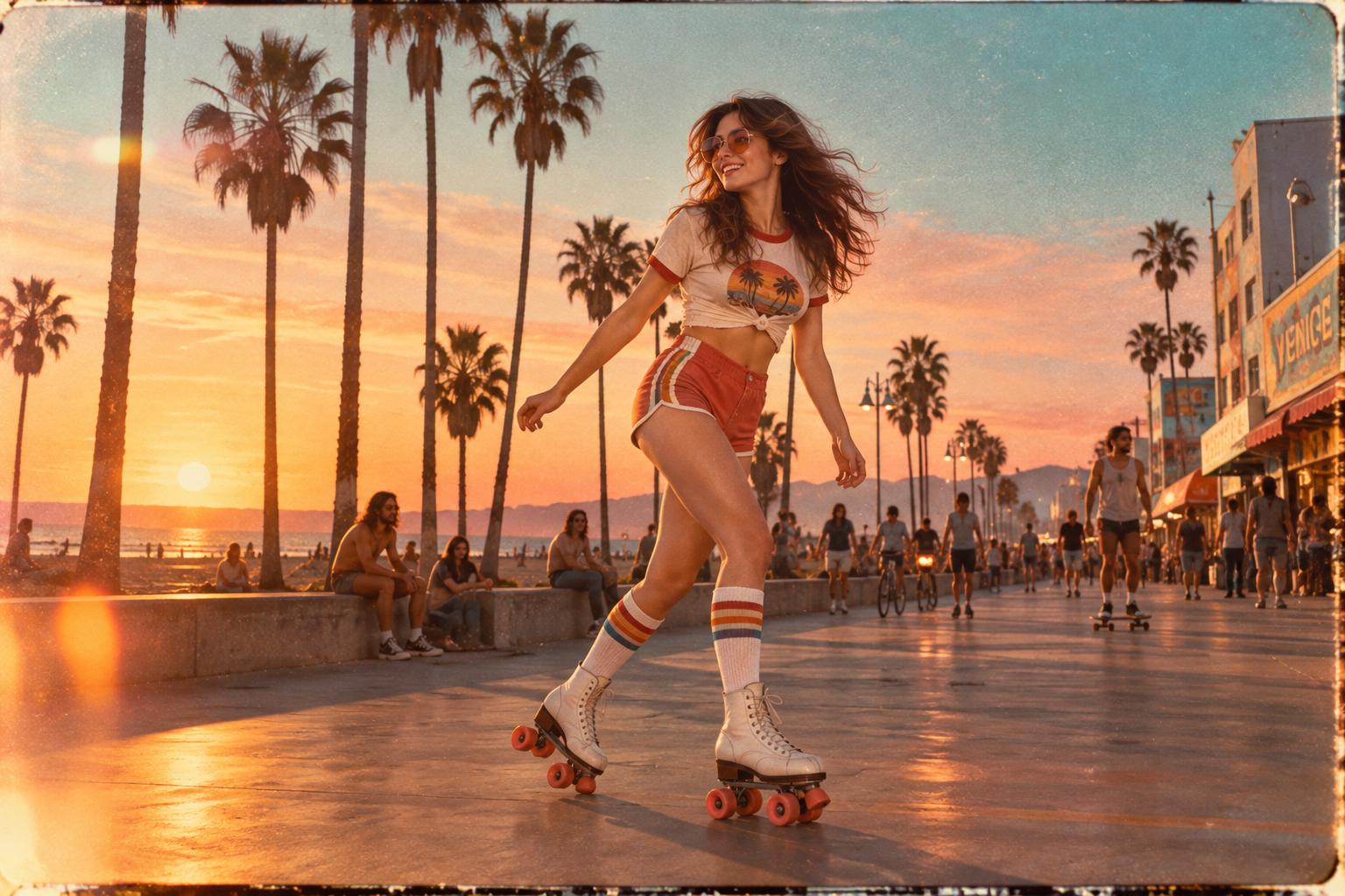 Prompt 3: Sun-Kissed Retro Beachside Boardwalk with Roller Skates - AI Generated Photo Output