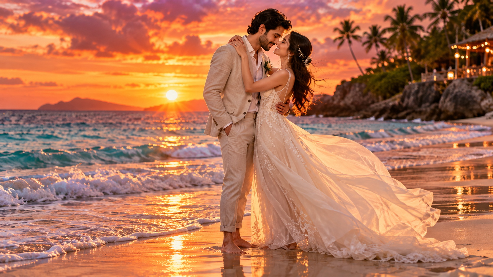 Prompt 4: Sunset Beach Destination Wedding Silhouette - AI Generated Photo Output